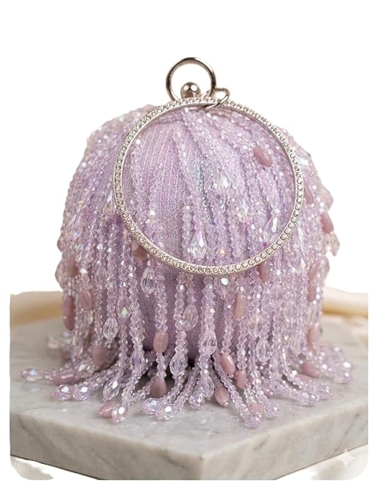 Spherical Orb Clutch, Lavender, Crystal Beaded Fringe, Rhinestone Ring Handle, Evening Purse for Weddings and Gala