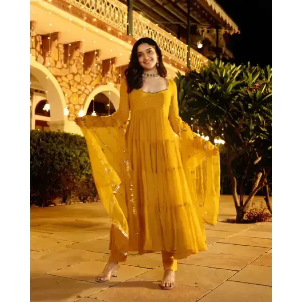 AACHHO-Shimmering Mustard Sequin Georgette Suit Set