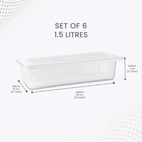 MILTON-Cryo Fridge Storage Boxes Set of 6 Fridge Organizer Container with Waterproof Vinyl Stickers & Removable Drain Plate, Lid, Stackable Box, Plastic Containers 1500 ml, Transparent