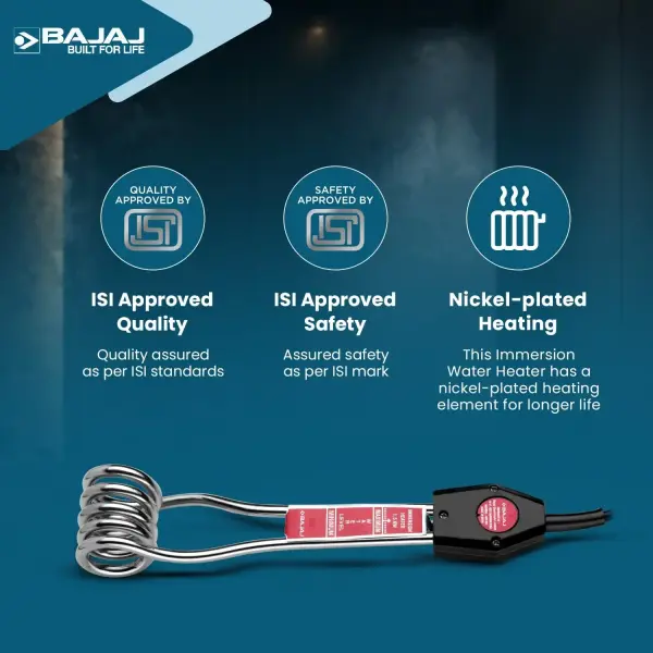 Bajaj 1500-Watt Immersion Heater Rod | Nickel Plated Heating | Portable Heating Solution | 2 Yr Warranty 【Silver】