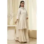 BIBA-Off-White Cotton Embroidered Flared Suit Set