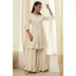 BIBA-Off-White Cotton Embroidered Flared Suit Set