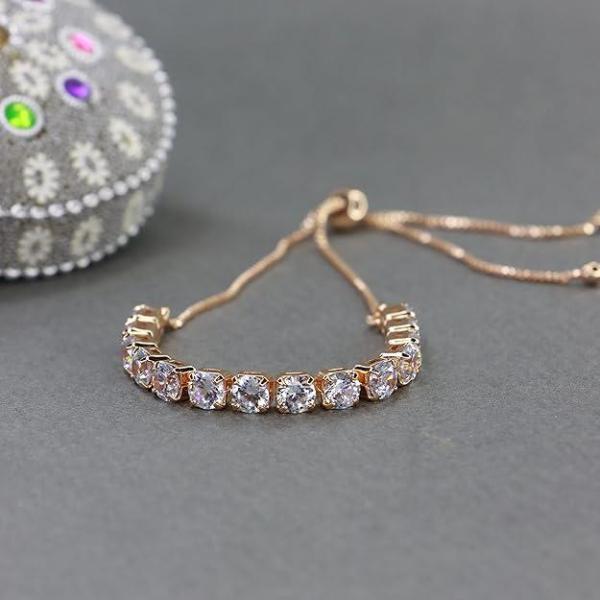 Stylish Rose Gold Plated Cubic Zirconia American Diamond Adjustable Bracelet For Women