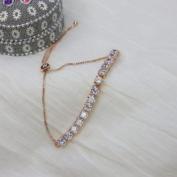 Stylish Rose Gold Plated Cubic Zirconia American Diamond Adjustable Bracelet For Women