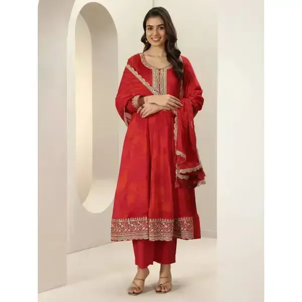 Libas-Orange Printed Silk Blend Anarkali Suit Sets With Dupatta