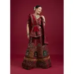 Manyavar-Maroon Floral Aari Embroidered Bridal Lehenga
