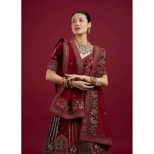 Manyavar-Maroon Floral Aari Embroidered Bridal Lehenga