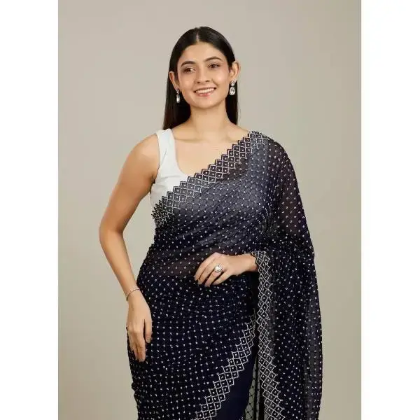 Manyavar-Midnight Blue Stone Work Saree