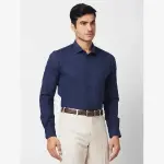 Raymond-Park Avenue Blue Solid Slim Fit Cotton Blend Formal Shirt