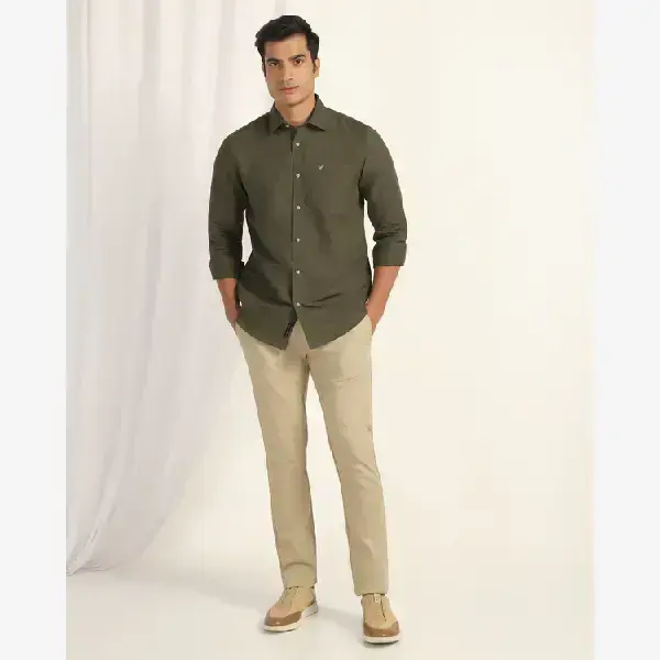 BLACKBERRYS-Linen Casual Half Sleeve Tan Solid Shirt - Salmon
