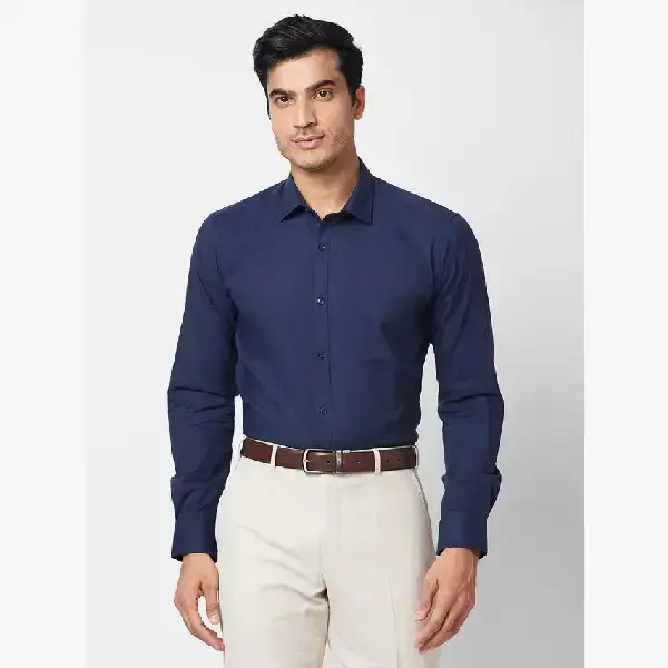 Raymond-Park Avenue Blue Solid Slim Fit Cotton Blend Formal Shirt