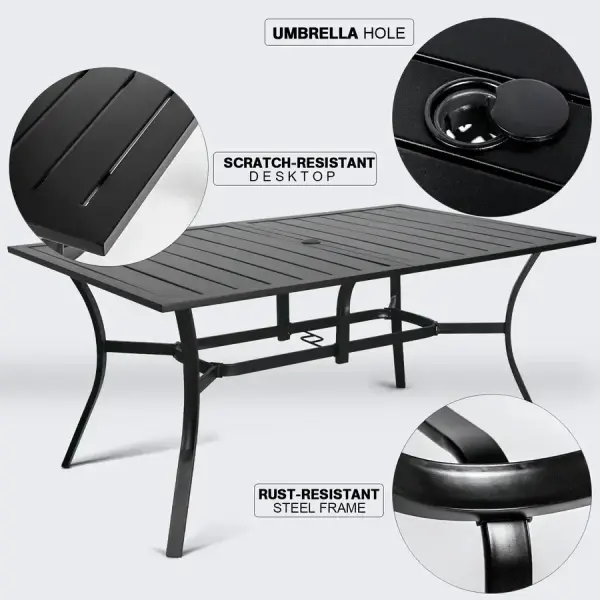 Overstock-60" x 37" Outdoor Patio Rectangular Metal Slatted Dining Table with Umbrella Hole for 6 Person