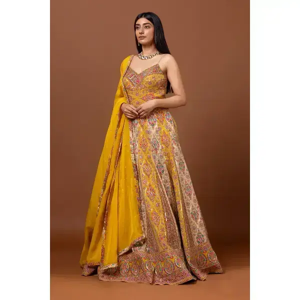 SEASONS-MUSTARD YELLOW CLASSIC GOWN SET WITH ALL OVER MULTI COLOURED THREAD WORK PAIRED WITH A MATCHING DUPATTA AND GOLD SEQUIN DETAILS.