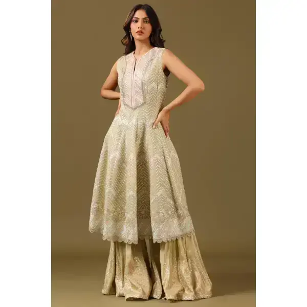 seasons-MUSTARD LIME GREEN SHARARA PANT SET AND A LONG KURTA TOP WITH ALL OVER PATTERNED EMBROIDERY PAIRED WITH A MATCHING DUPATTA AND CRYSTAL EMBELLISHMENTS.