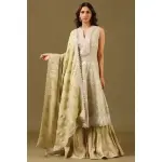 seasons-MUSTARD LIME GREEN SHARARA PANT SET AND A LONG KURTA TOP WITH ALL OVER PATTERNED EMBROIDERY PAIRED WITH A MATCHING DUPATTA AND CRYSTAL EMBELLISHMENTS.