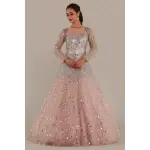 SEASONS-BABY PINK SHIMMERY TULLE GOWN WITH ILLUSION NECKLINE AND SILVER STONE AND MIRROR EMBELLISHMENTS