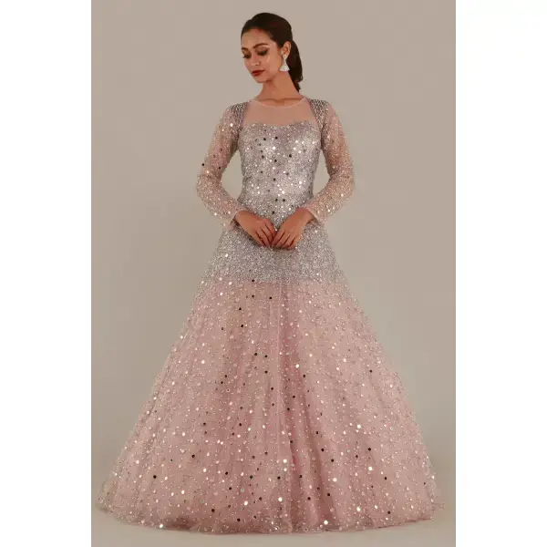 SEASONS-BABY PINK SHIMMERY TULLE GOWN WITH ILLUSION NECKLINE AND SILVER STONE AND MIRROR EMBELLISHMENTS