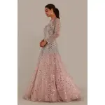 SEASONS-BABY PINK SHIMMERY TULLE GOWN WITH ILLUSION NECKLINE AND SILVER STONE AND MIRROR EMBELLISHMENTS