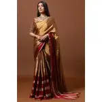 SEASONS-GOLD AND RED CLASSIC SAREE SET PAIRED WITH A MATCHING HAND EMBROIDERED BLOUSE AND MIRROR DETAILS.