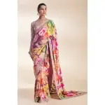 Seasons-Wine Purple Multi Coloured Printed Classic Saree Set Paired With A Zari Embroidered Pink Blouse And Border With Silver And Sequinned Embellishments.