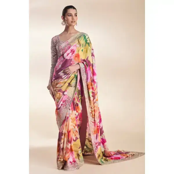 Seasons-Wine Purple Multi Coloured Printed Classic Saree Set Paired With A Zari Embroidered Pink Blouse And Border With Silver And Sequinned Embellishments.