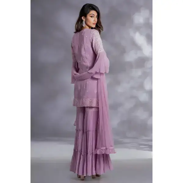 SEASONS-PINKISH PURPLE TIERED SHARARA SET WITH A CHIKAN KURTA TOP WITH BELL SLEEVES PAIRED WITH A MATCHING DUPATTA