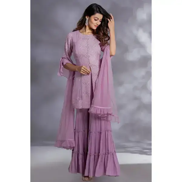 SEASONS-PINKISH PURPLE TIERED SHARARA SET WITH A CHIKAN KURTA TOP WITH BELL SLEEVES PAIRED WITH A MATCHING DUPATTA