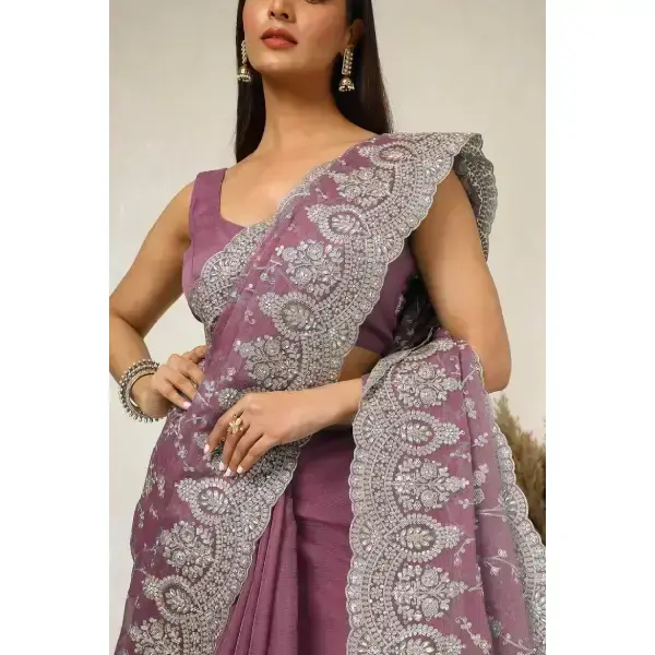 Soch-Onion Pink Chiffon Embroidered Saree With Beads And Stones