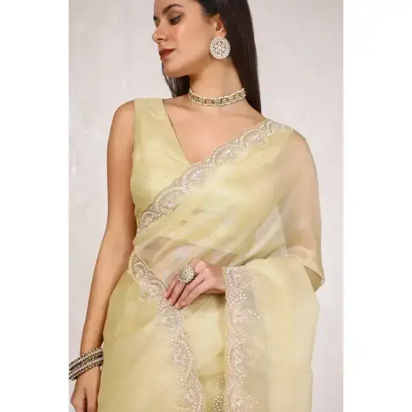 Soch-Gold Embellished Tissue Saree With Sequins Work
