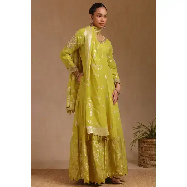SEASONS-Mustard Georgette Zari Woven Gown With Zardosi