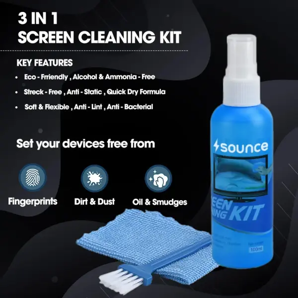 Sounce 3 in 1 Cleaning Set for Screen PC, Laptops, Monitors, Mobiles, LCD, LED, TV/Professional