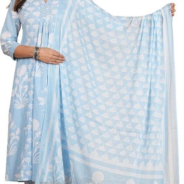 Women's Cotton Calf Length V-Neck Botanical Print Regular Fitted Anarkali Kurta