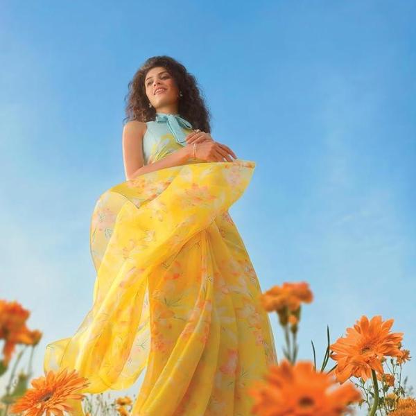 Floral Print Nara Chiffon Yellow Saree