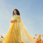 Floral Print Nara Chiffon Yellow Saree